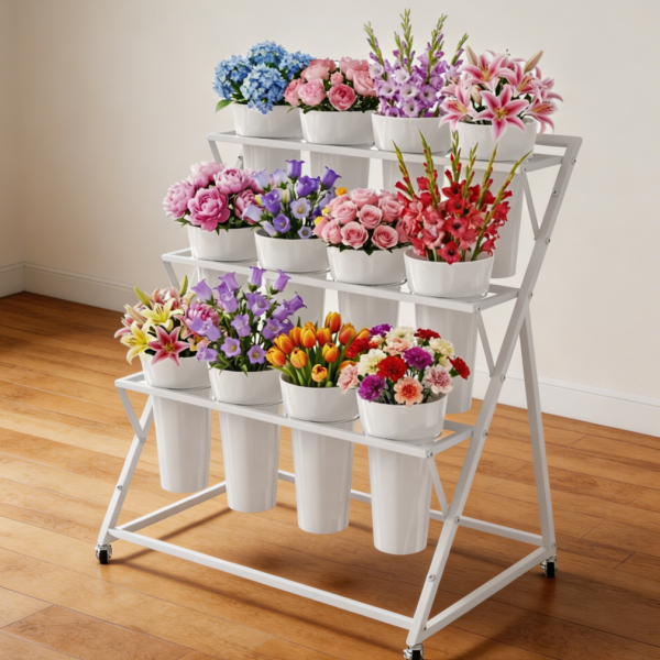 White 3 Layer Metal Flower Display Cart with 12 Buckets